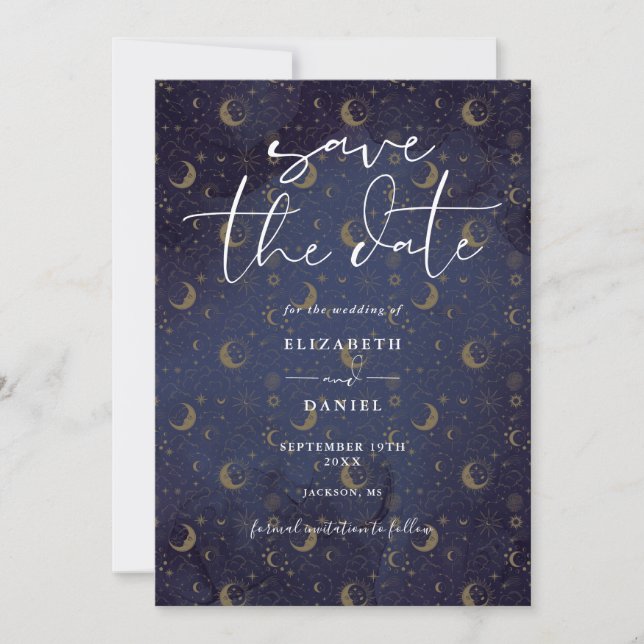 Elegant Celestial Mystical Stars And Moon Wedding Save The Date (Front)
