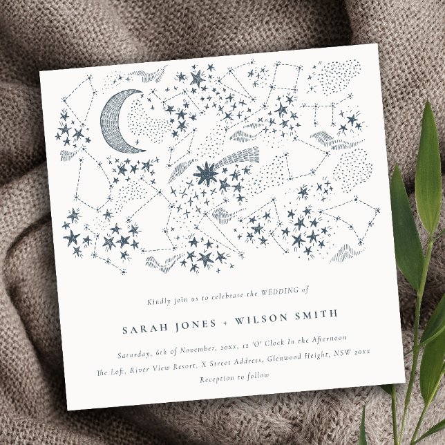 Elegant Celestial Navy Starry Night Moon Wedding Invitation (Creator Uploaded)