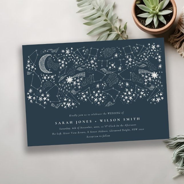 Elegant Celestial Navy Starry Night Moon Wedding Invitation (Creator Uploaded)