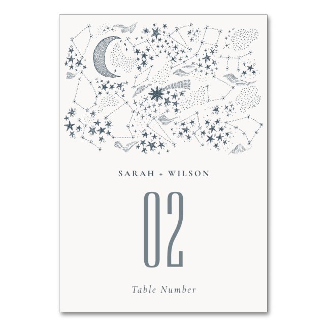 Elegant Celestial Navy Starry Night Moon Wedding Table Number (Front)