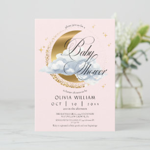 Elegant Celestial Pink Script Baby Shower Invitation