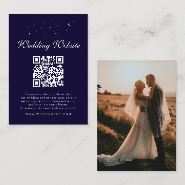 Elegant Celestial QR Code Blue Wedding Details Enclosure Card (Front/Back)