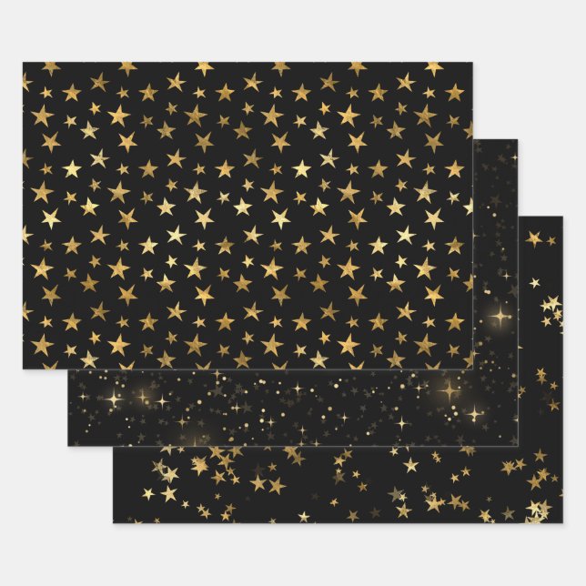 Elegant Celestial Starry Gold Stars Design Wrapping Paper Sheet (Set)