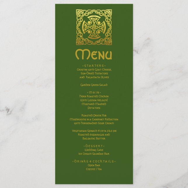 Elegant Celtic Wedding Green Faux Gold Celtic Knot Menu (Front)