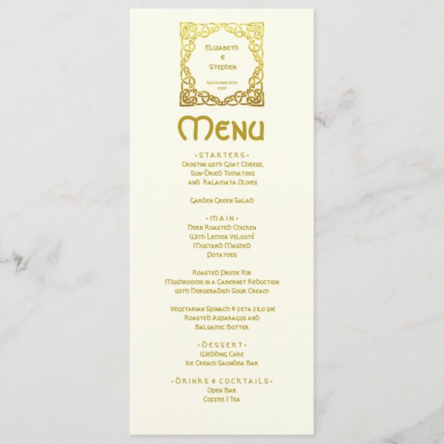 Elegant Celtic Wedding Ivory Faux Gold Celtic Knot Menu (Front)