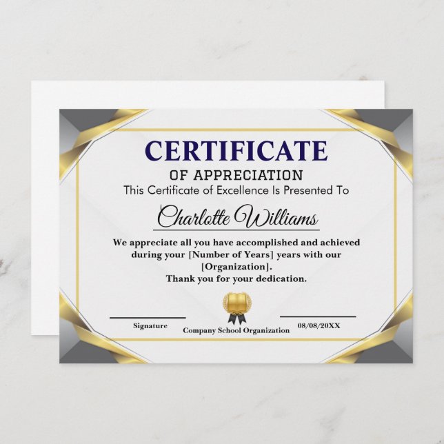 Elegant Certificate of Appreciation Award Template (Front/Back)