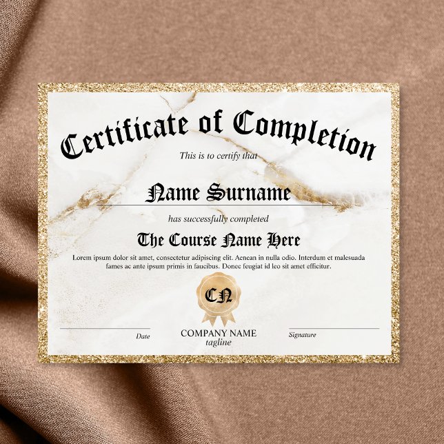 Elegant Certificate of Completion School Diploma (white and gold marble with gold glitter border certificate of completion)