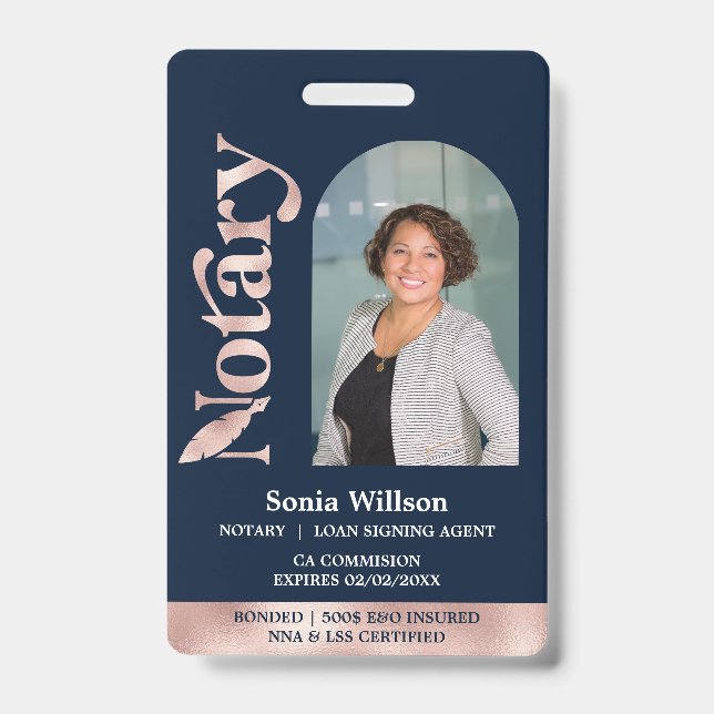 Elegant Certified Notary Public Loan Signing Agent ID Badge (Front)
