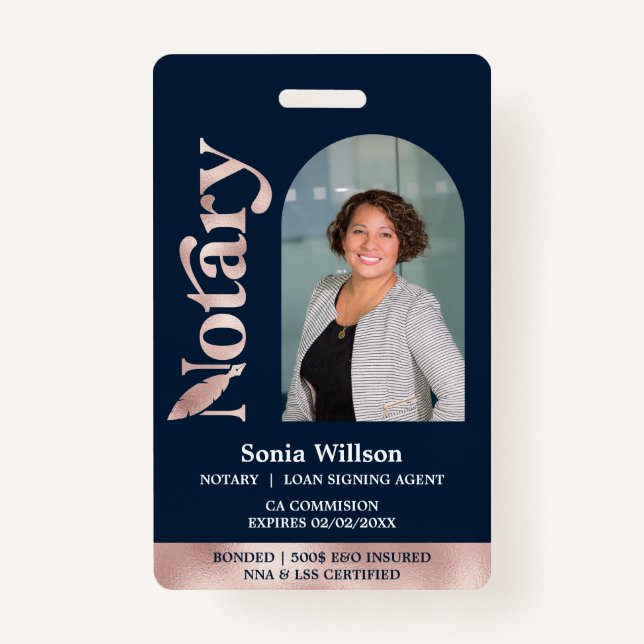 Elegant Certified Notary Public Loan Signing Agent ID Badge (Front)