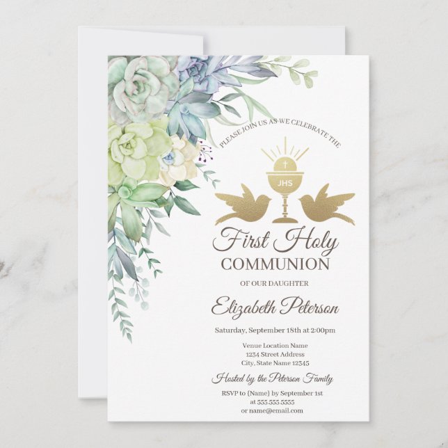 Elegant Chalice Succulents First Holy Communion   Invitation (Front)