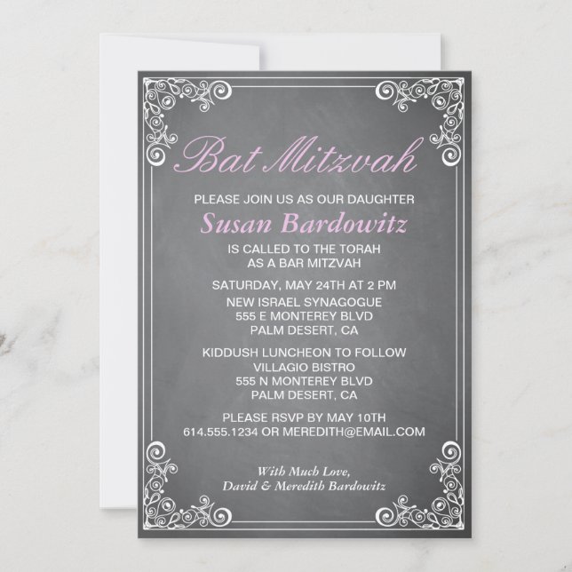 Elegant Chalkboard Bat Mitzvah Invitation (Front)