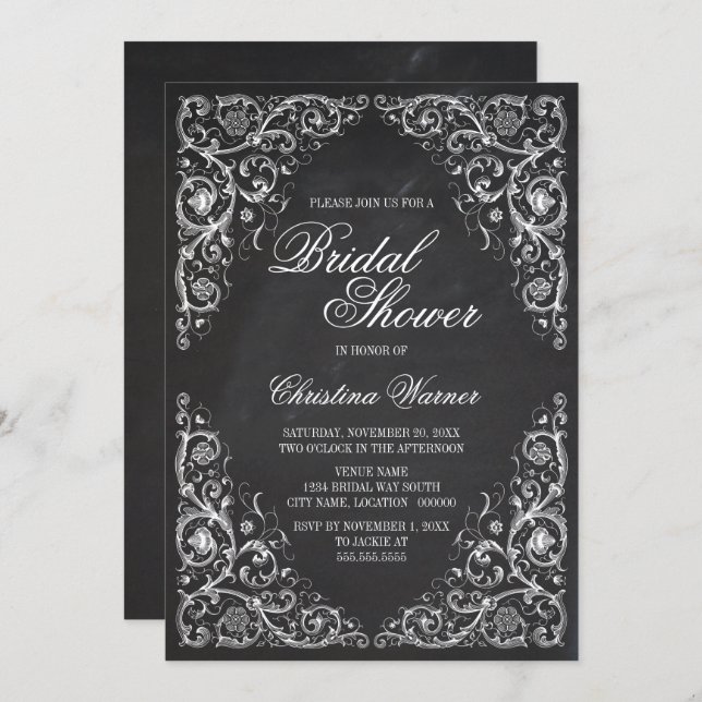 Elegant Chalkboard Corner Flourish Bridal Shower Invitation (Front/Back)