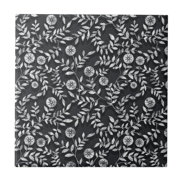 Elegant Chalkboard Floral Pattern Ceramic Tile (Front)