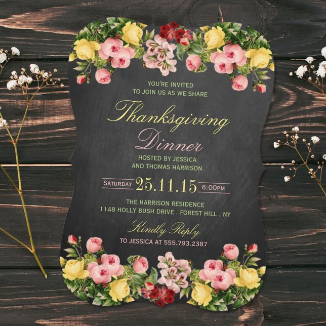 Elegant Chalkboard Floral Thanksgiving Dinner Invitation (Creator Uploaded)