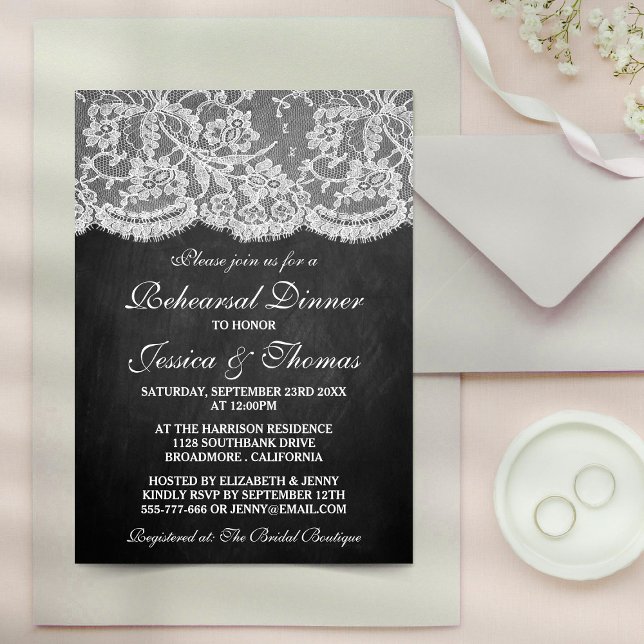 Elegant Chalkboard & Lace Wedding Rehearsal Dinner Invitation (Creator Uploaded)