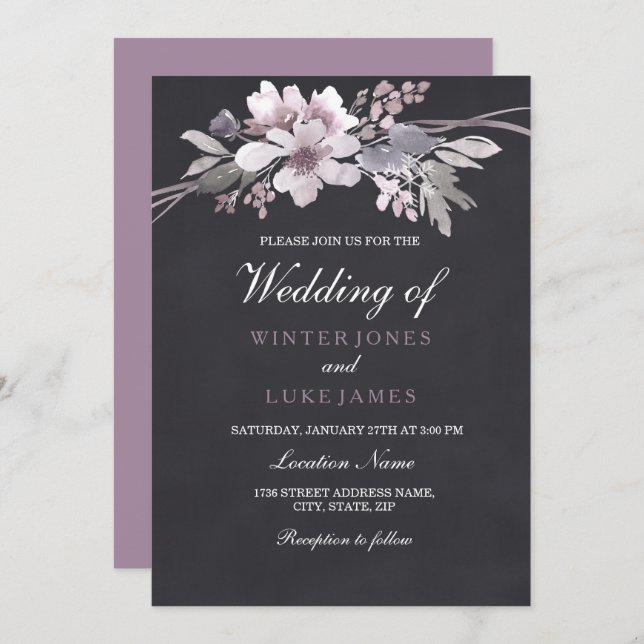 Elegant Chalkboard Purple Floral Winter Wedding Invitation (Front/Back)