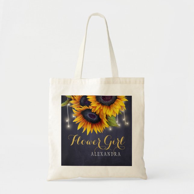 Elegant chalkboard sunflowers wedding flower girl tote bag (Front)