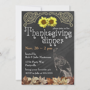 Elegant Chalkboard Turkey Sunflowers Thanksgiving Invitation
