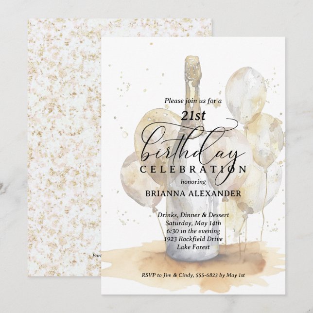 Elegant Champagne and Balloons 21st Birthday Invitation (Front/Back)