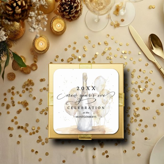 Elegant Champagne and Balloons New Year's Eve Square Sticker (Elegant Champagne and Balloons New Year's Eve Square Stickers)