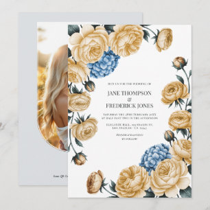 Elegant Champagne and Dusty Blue Floral Wedding Invitation