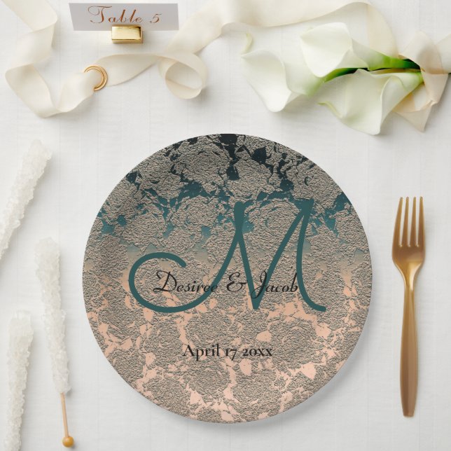 Elegant Champagne And Teal Wedding Theme Monogram Paper Plate (Wedding)