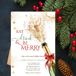Elegant Champagne Bottle Red Bow Christmas Party Invitation