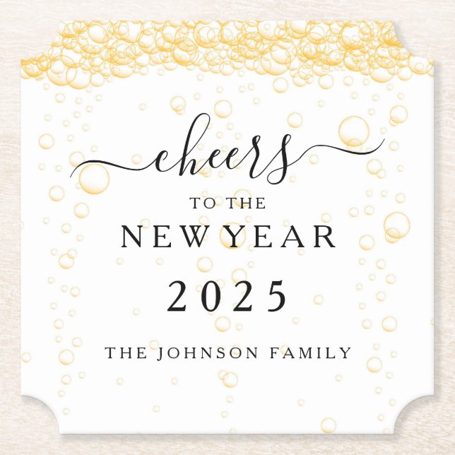 Elegant Champagne Bubbles New Year's Eve Paper Coaster (Front)