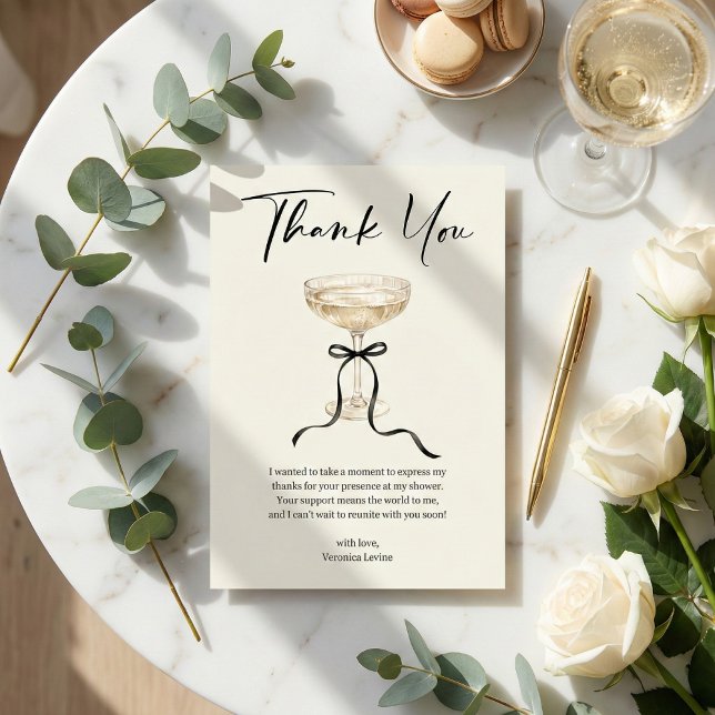 Elegant Champagne Coupe Black Bow Bridal Shower Thank You Card (Coquette Bridal Shower Thank You Card)