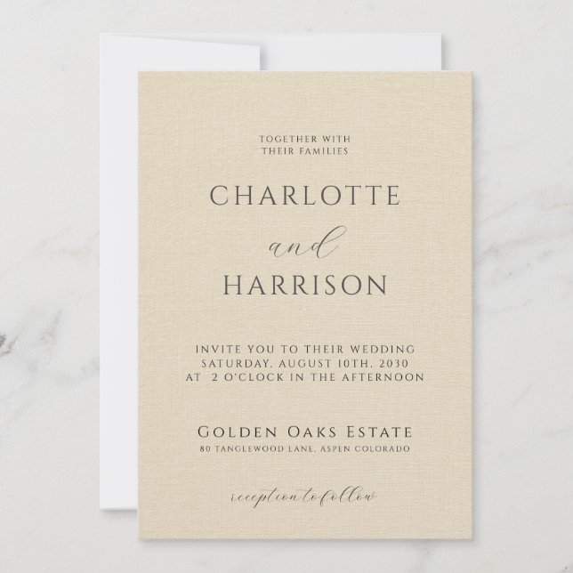 Elegant Champagne Embossed Linen Minimal Wedding Invitation (Front)