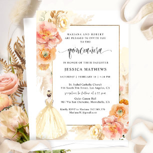 Elegant Champagne Floral Princess Quinceañera  Invitation