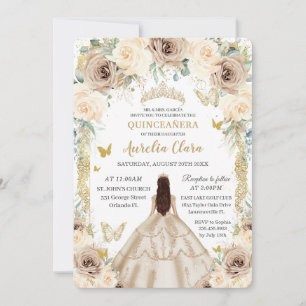 Elegant Champagne Floral Vintage Gold Quinceañera Invitation