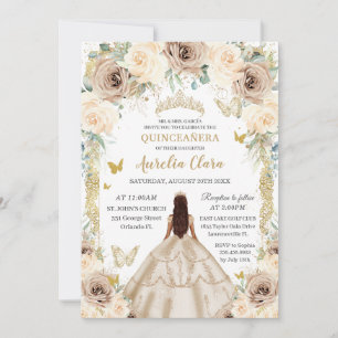 Elegant Champagne Floral Vintage Gold Quinceañera Invitation