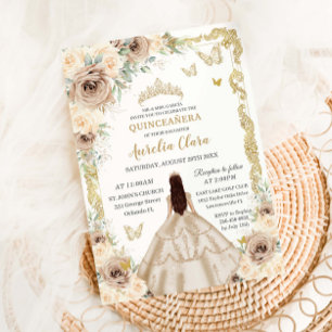 Elegant Champagne Floral Vintage Gold Quinceanera  Invitation