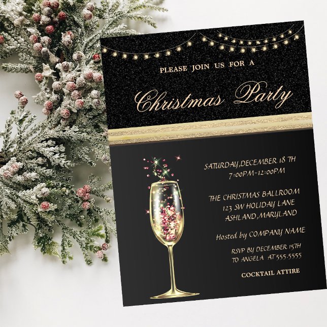 Elegant  Champagne Glass Black,Christmas Party Invitation (Creator Uploaded)