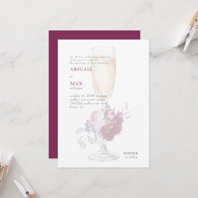 Elegant Champagne Glass Pink Floral Wedding Invitation (Front/Back In Situ)