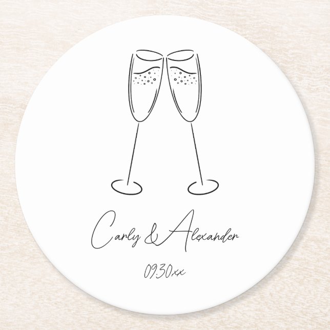 Elegant Champagne Glass Wedding Engagement Round Paper Coaster (Front)