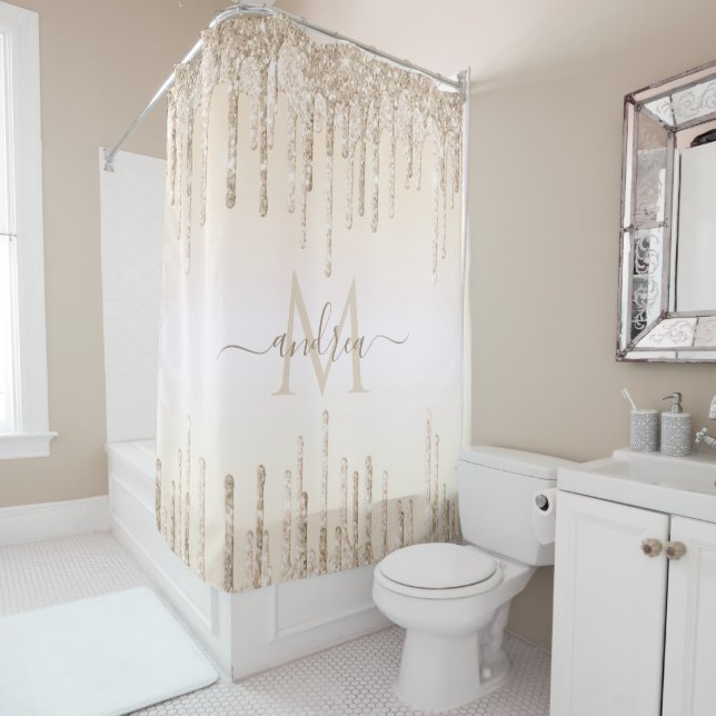 Elegant Champagne Glitter Dripping Monogram & Name Shower Curtain (In Situ)