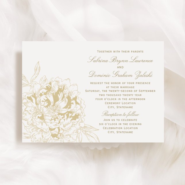 Elegant Champagne Gold Floral Peony Wedding Invitation (Creator Uploaded)