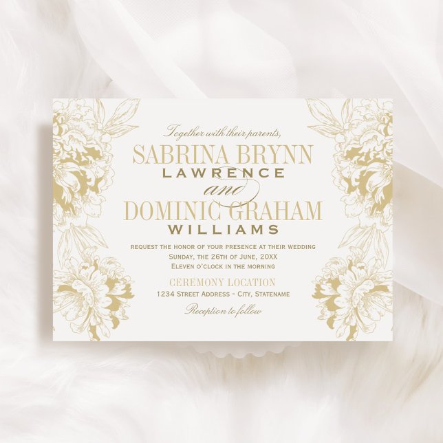 Elegant Champagne Gold Floral Peony Wedding Invitation (Creator Uploaded)