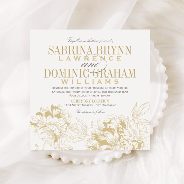 Elegant Champagne Gold Floral Peony Wedding Invitation (Creator Uploaded)