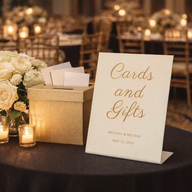 Elegant Champagne Gold Guest Book Reception Sign (Elegant champagne gold cards and gifts sign displayed on an anniversary gift table)