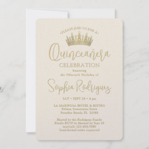 Elegant Champagne & Gold Quinceañera Crown 3 Photo Invitation