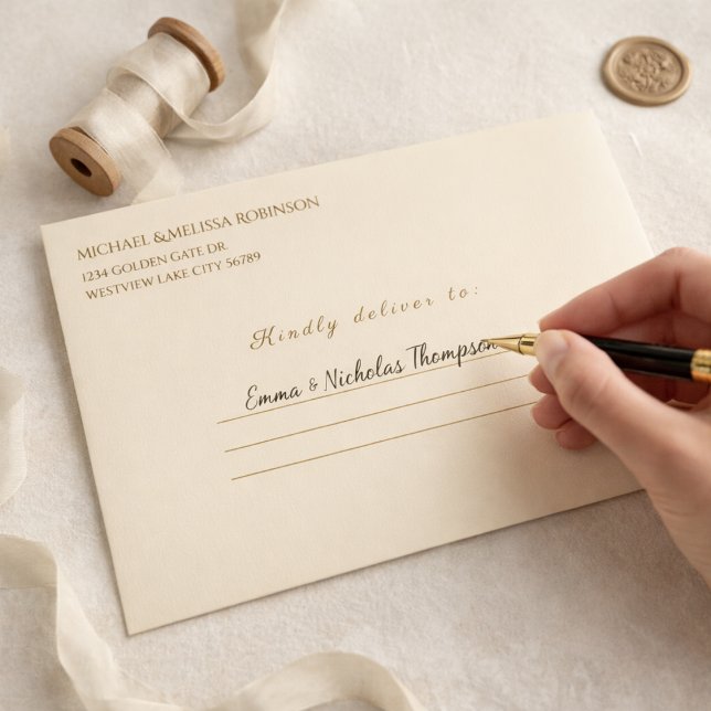 Elegant Champagne Gold Wedding Return Address Envelope (Writing guest address on champagne gold anniversary invitation envelope with fountain pen)