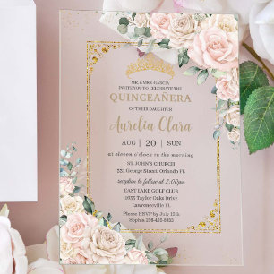 Elegant Champagne Ivory Blush Floral Quinceañera Acrylic Invitations