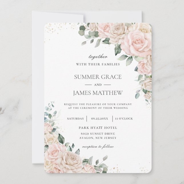 Elegant Champagne Ivory Blush Floral Roses Wedding Invitation (Front)