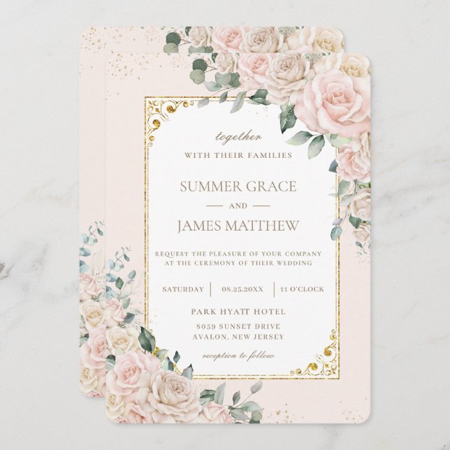 Elegant Champagne Ivory Blush Floral Wedding Invitation (Front/Back)