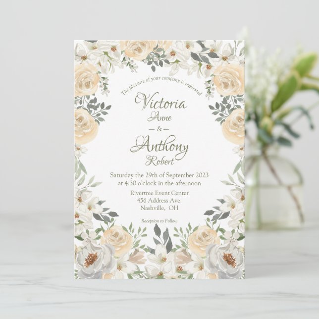 Elegant Champagne Ivory Floral Script Wedding Invi Invitation (Standing Front)