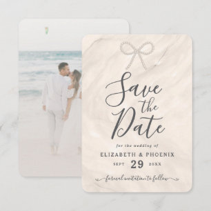 Elegant Champagne Pearl Bow Custom Photo Wedding Save The Date