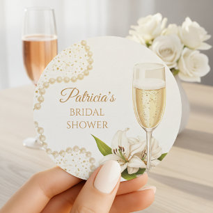 Elegant Champagne Pearls & Prosecco Bridal Shower Classic Round Sticker
